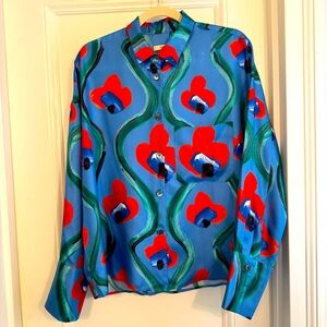 ODEEH Colorful Floral Silk Blouse - Blue Size 40 (L)